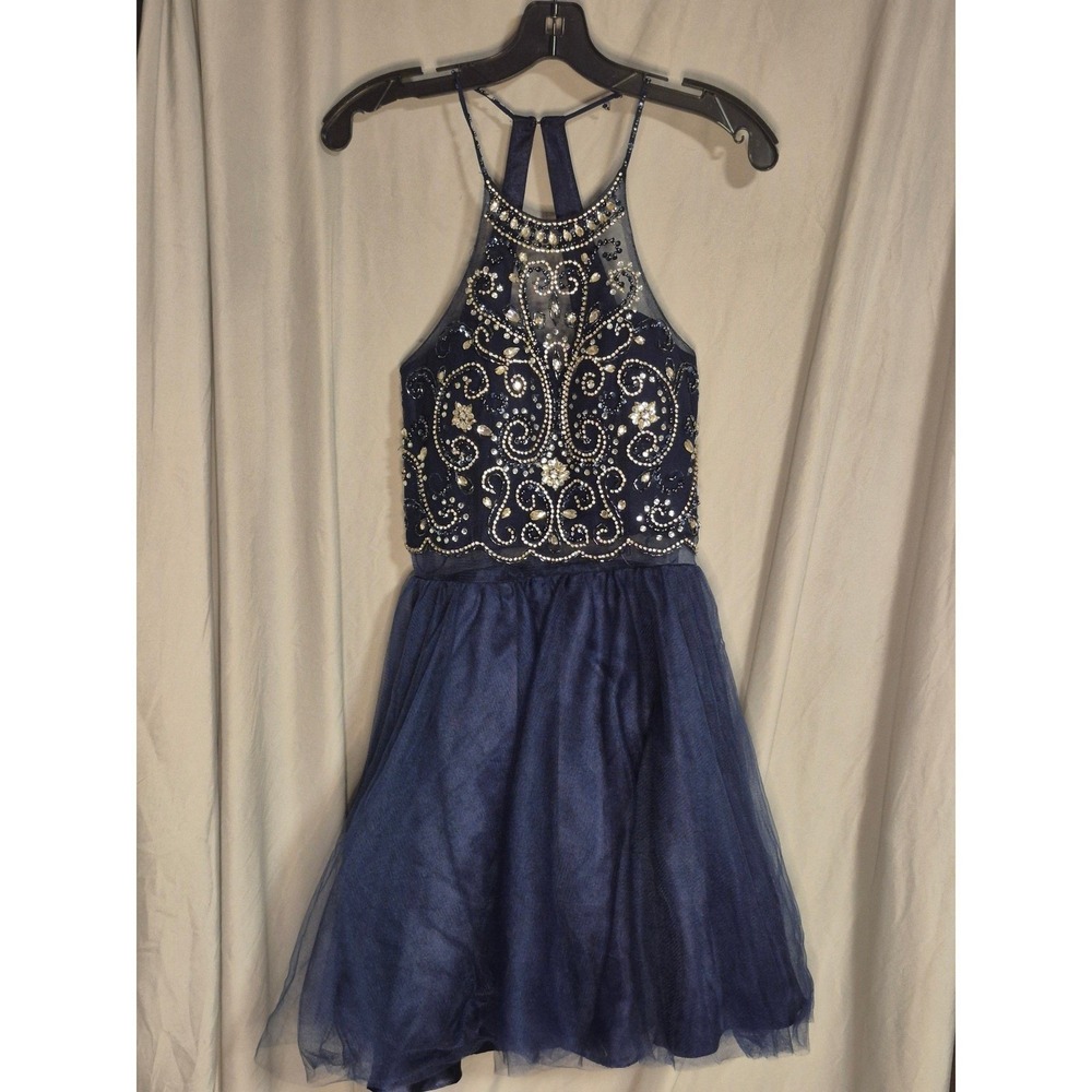 PromGirl Navy Blue Satin Tulle Beaded Waist Open Back Formal Dress M
